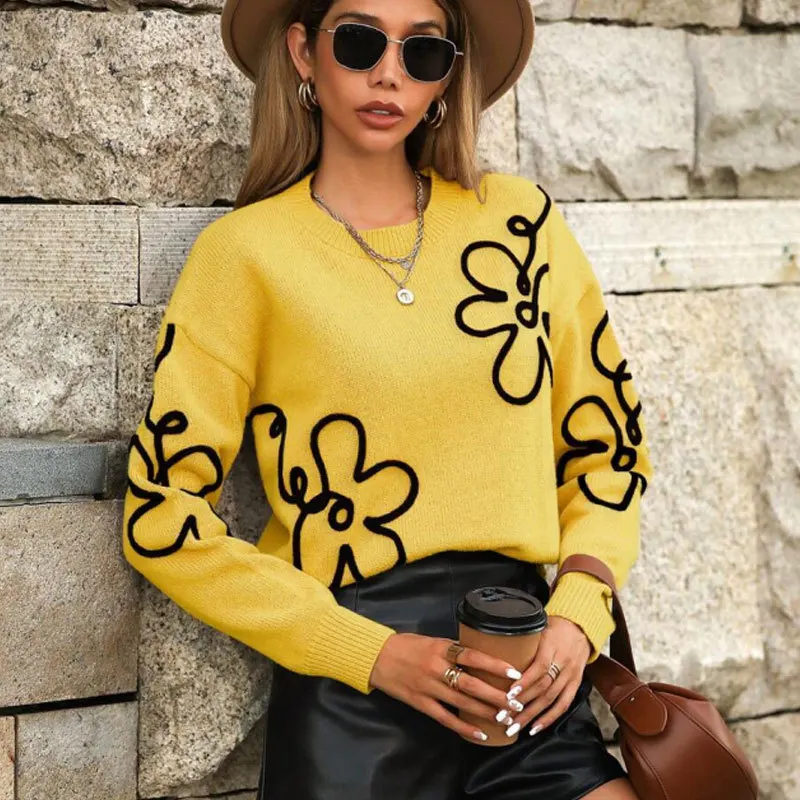 

Fall Winter 2025 Women Clothes Sweater 3D Flower Embroidered Pullover Jumper O-neck Long Sleeve Loose Knitwear Jacket 59902