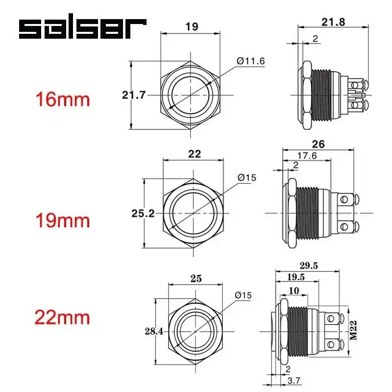 5pcs 16/19/22mm Metal Push Button Switch Anodize With Arrow Flat Head Screw Feet Self Reset Momentary One Normally Open 1NO