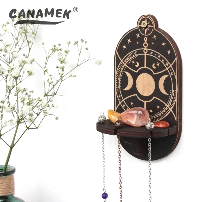 حامل كريستال مبتكر منحوت بالخشب، رف عرض حائط بوهو مع حامل شموع #5