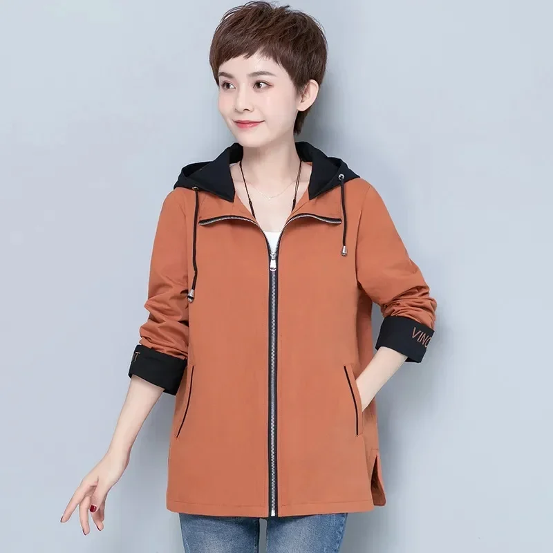 Women's Short Coat Loose Casual Hooded Jacket Spring Autumn Middle-Aged  Woman Coat Female Windbreakers 5XL Outerwear Overcoat