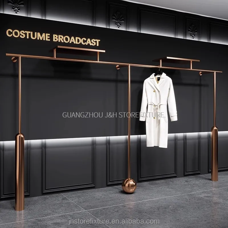 Customized Rose Gold Garment Rack  Wall-mounted Clothing Store Display Shelves Children Boutique Store Display Rack