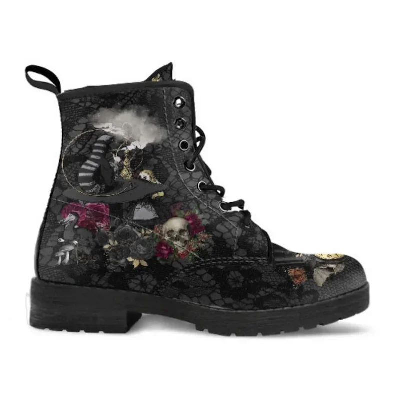 2022 Skull Flower Print High-Top Sneakers Women Boot Autumn Winter Fashion Woman Ankle Boots Adult Botas Mujer Plus Size 43 Goth