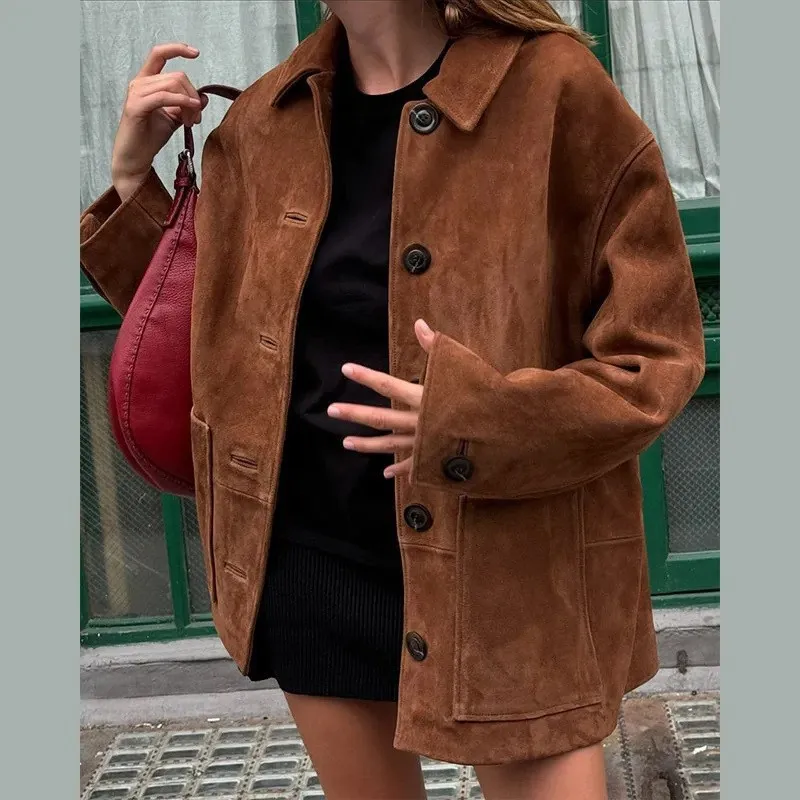 Women Loose Brown Imitation Leather Jackets Vintage Chic Turn Down Collar Long Sleeve Single Breasted Pockets Coats Lady Outwear