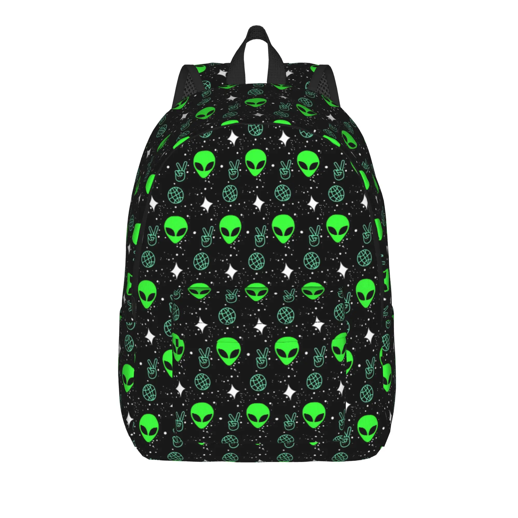 Neon Green Alien Peace Sign Globe Star Simple Space Doodle Black Background Backpack  Cool Backpacks Boy Girl Trekking Soft Bags