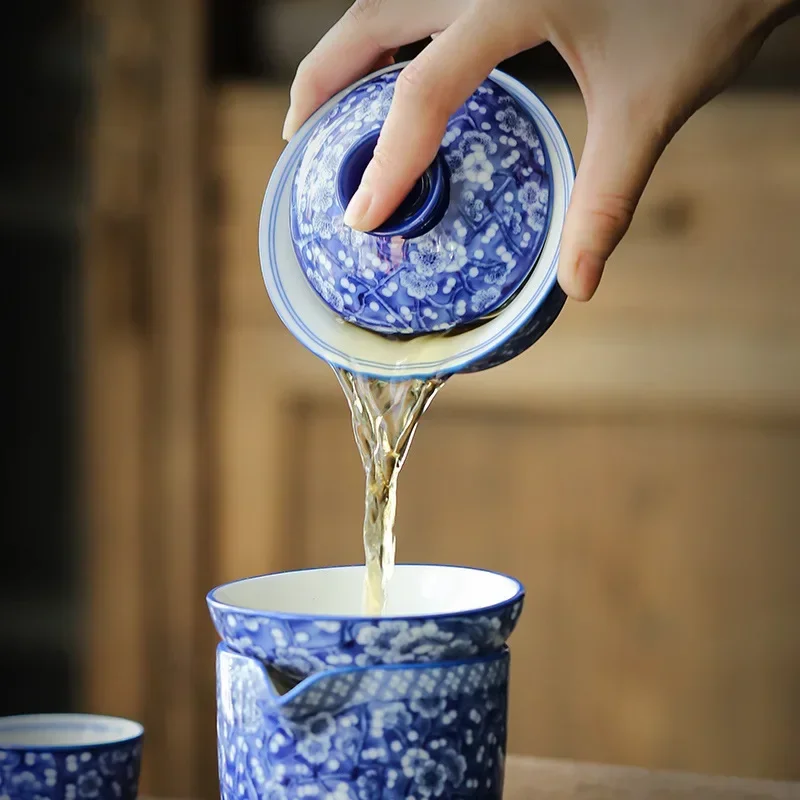 Blue and White Porcelain Set, Gaiwan, Tea Tureen, Ceramic Cup Set, Chinese Tea, Full Color, Prunus Mume, 3 Pcs