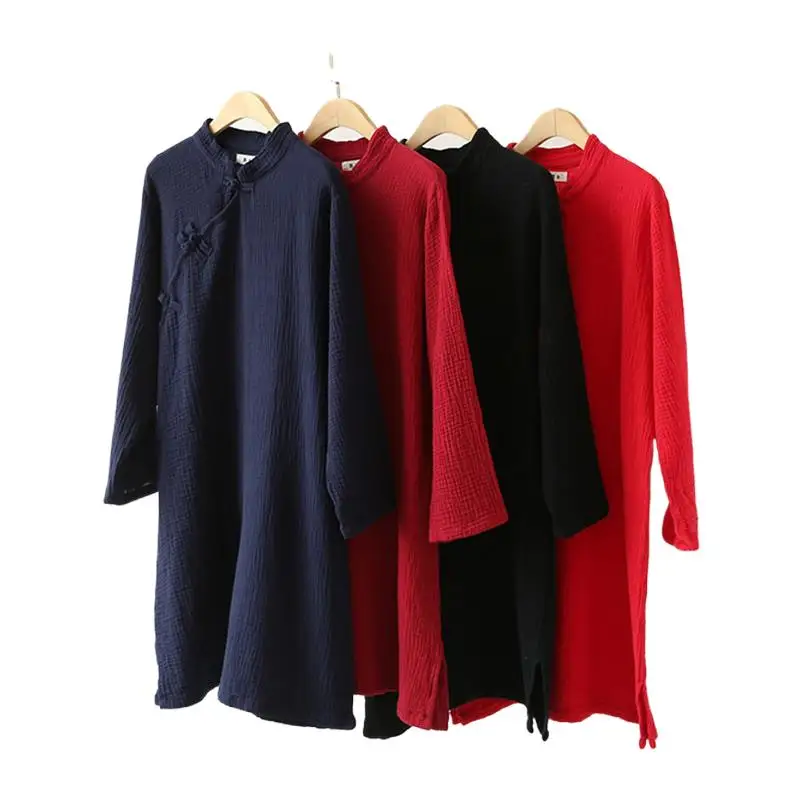 

Женское однотонное платье из хлопка и льна с воротником-стойкой на пуговицах, летнее винтажное платье с длинным рукавом до середины икры, повседневная женская одежда