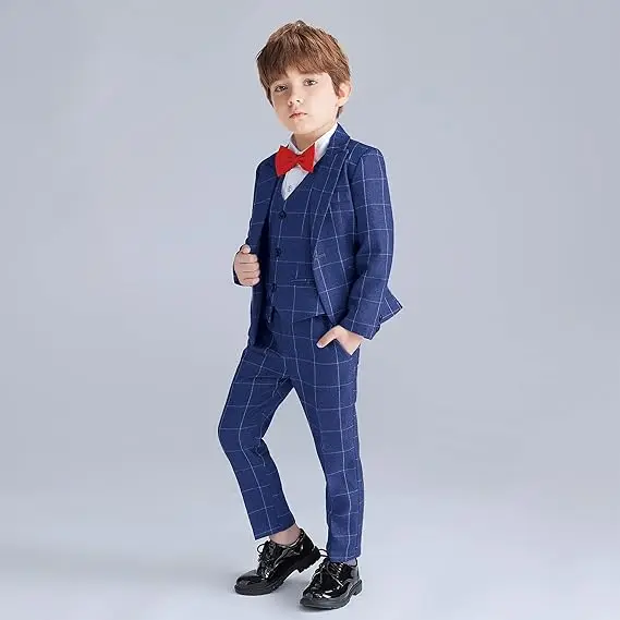 Boys Blue Plaid Jacket Vest Pants Bowtie 4Pieces Wedding Birthday Outfit Suit Kids Piano Host Performance Photography Blazer Set