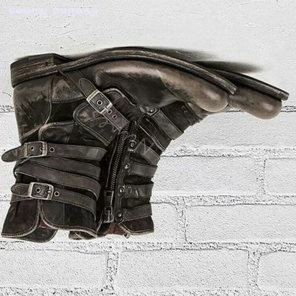 Retro Worn‑Out Distressed Biker Ankle Boots Mens Multi Metal Buckle Straps Low Heel Western Boots Motorcycle Punk Short Boots