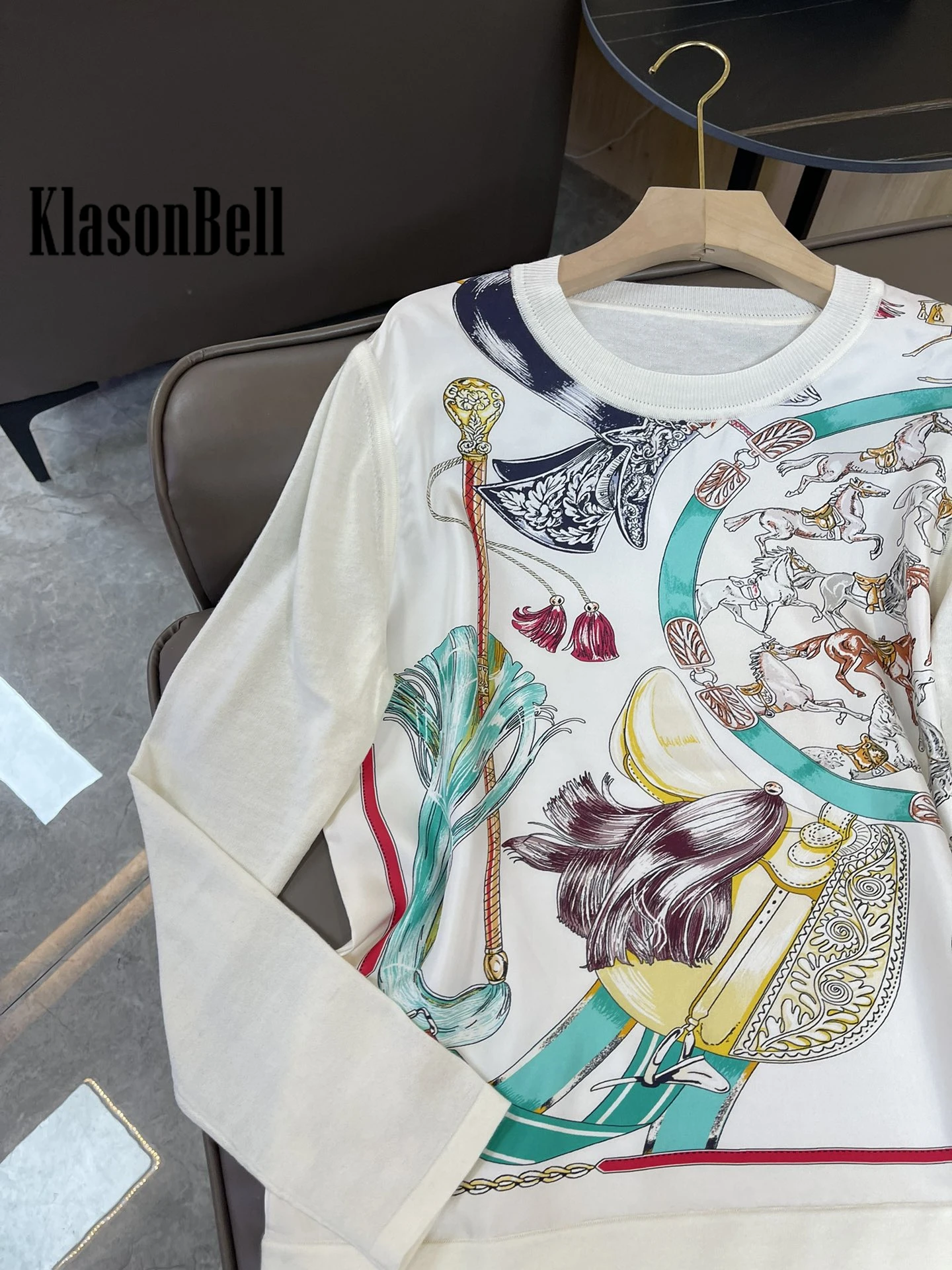 9.25 KlasonBell Comfortable Silk Pattern Print Spliced Long Sleeve Knitted Pullover Top Women