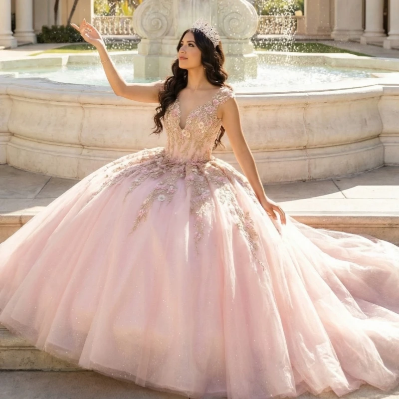 

Pink Quinceanera Dresses Off Shoulder Ball Gown Sweet 16 Dress Applique Flower Beading Crystal Tull Birthday Party Vestidos 15