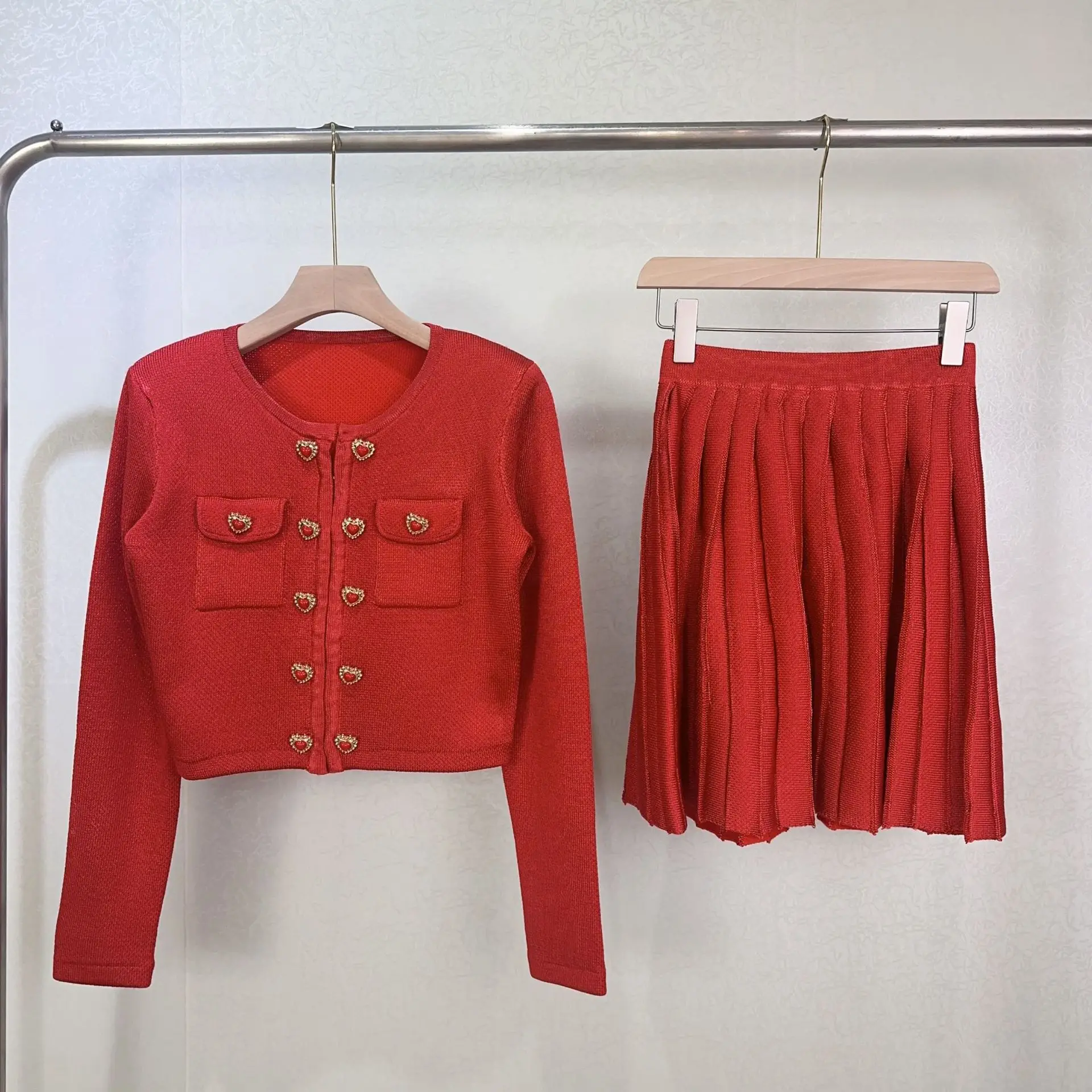 Red Half Skirt Set with Double Row Heart-shaped Buckle Design in Bright ,sweet and Exquisite Gold Knitted Jacket in French Style