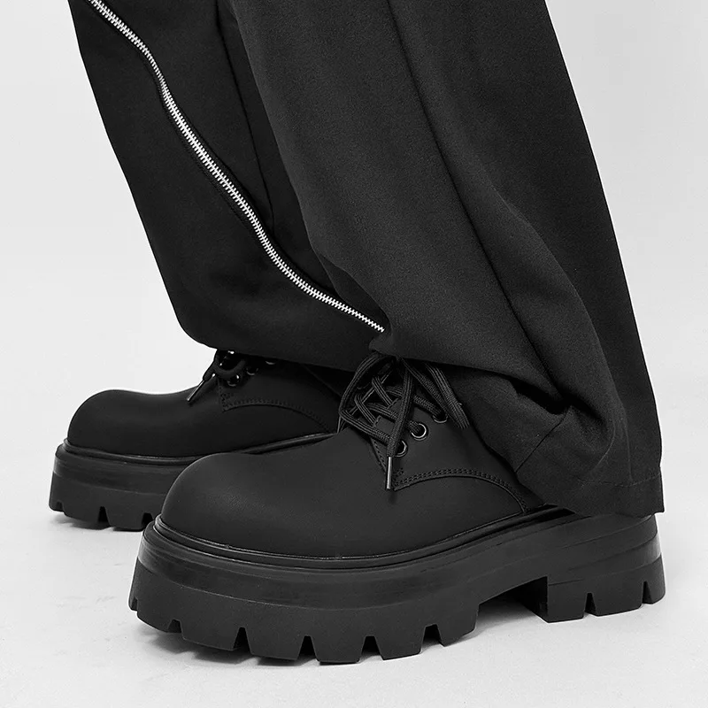 Matte Frosted Full Black Commuter Thick Bottom Heightening 7 Cm  Trendy Shoes Men's Shoes Casual Leather Shoes