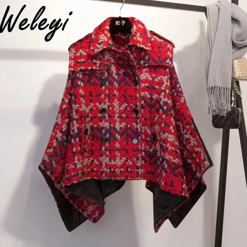 

Luxury Women's Plaid Wool Cloak Jacket 2024 Fall and Winter New Temperament Wool Shawl Woolen Coat for Women Clothes Feminino