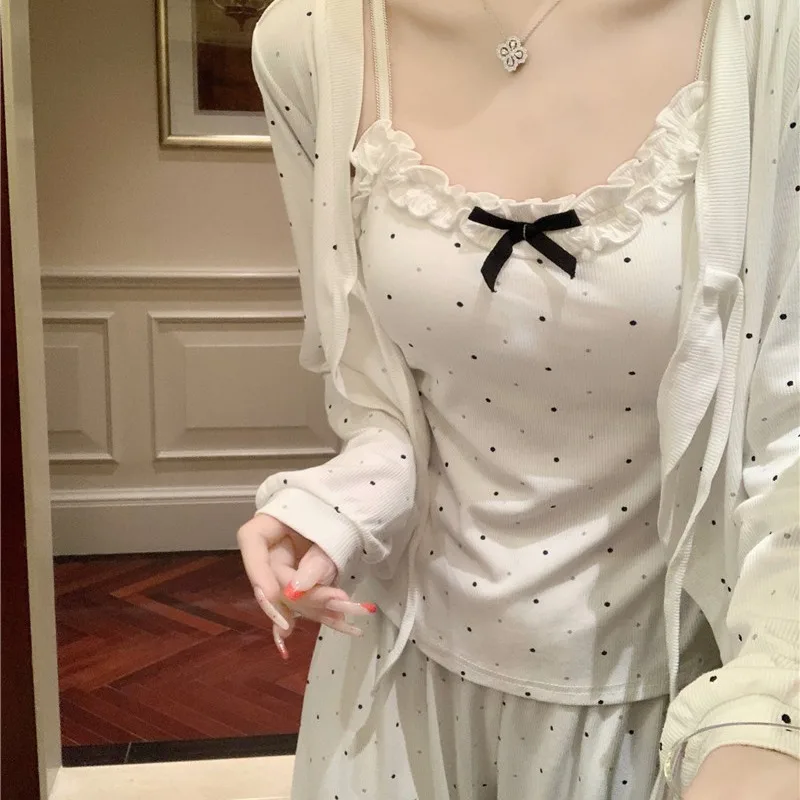 

Pure Desire Style Nightwear for Women Spring/Autumn Strappy Trousers White Polka Dot Instagram Style with Padded Cups Loungewear