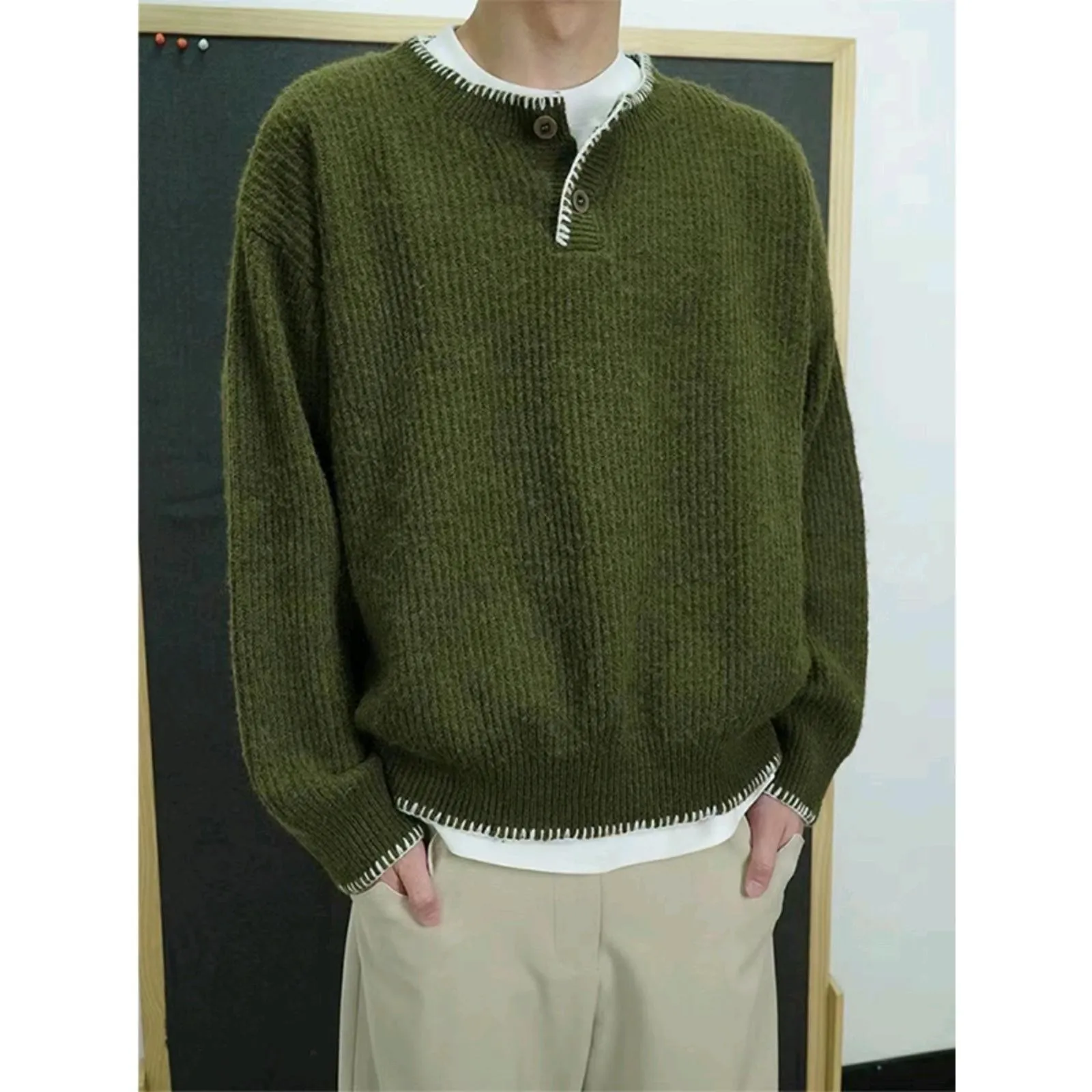 

Мужской вязаный свитер свободного кроя с воротником-стойкой, осенне-зимний, в американском ретро-стиле, удлиненный, с круглым вырезом