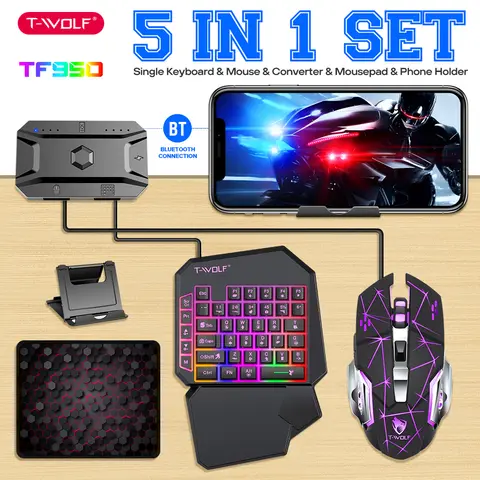 ชุดอุปกรณ์เล่นเกม 5-in-1 สำหรับ Android และ iOS ประกอบด้วยคีย์บอร์ดแบบมีที่พักฝ่ามือพร้อมไฟ RGB แบบใช้มือเดียว  พร้อมตัวแปลงคีย์บอร์ดและเมาส์แบบตั้งโปรแกรมได้
