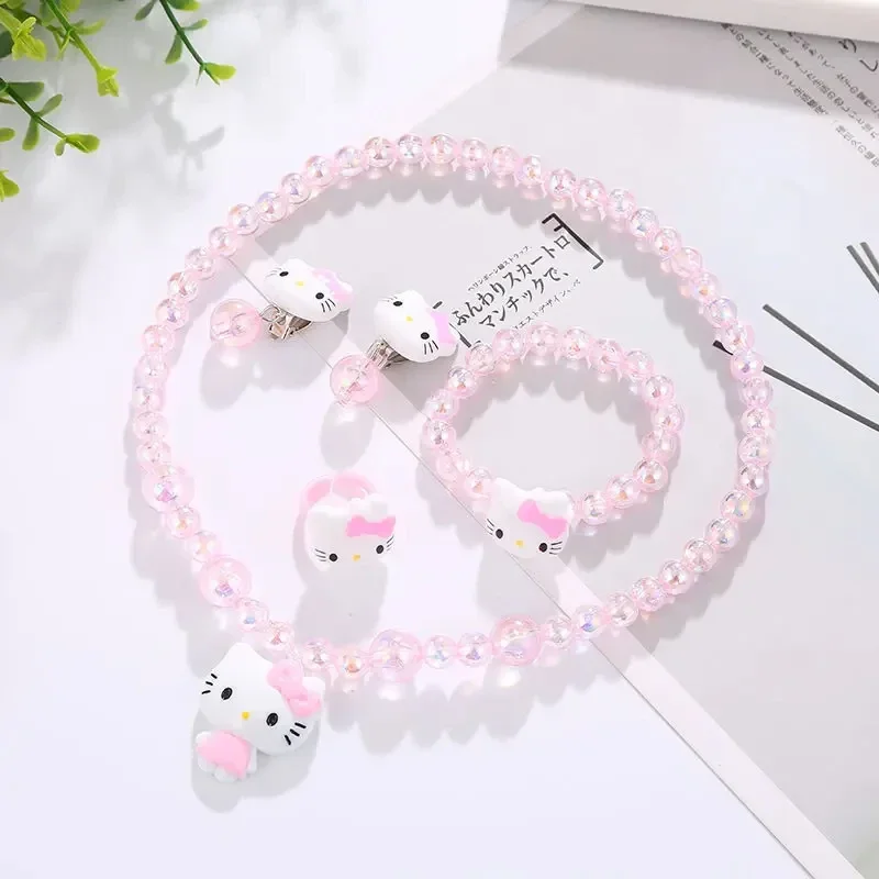 

Set Kawaii Hello Kitty Anime figure necklace Bracelet Ear clips ring jewelry Princess Style New girl Fashion trend Birthday Gift
