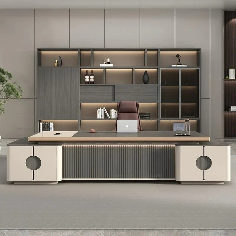 #￥Modern Executive Desk Set Luxury CEO Boss Desk with Side Cabinet Minimalist Manager Workstation for Home & Office High-End
