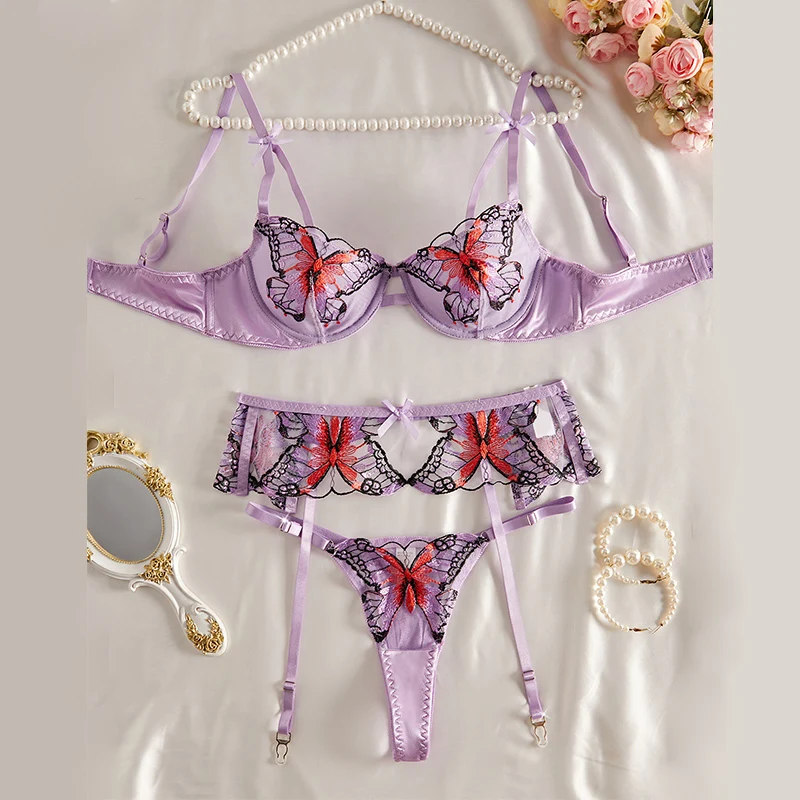 Sexy Lingerie Woman Romantic Purple Intimate Outfits Butterfly Embroidery Bra Set 3 Pieces Lace Underwear Beautiful Lingerie Set