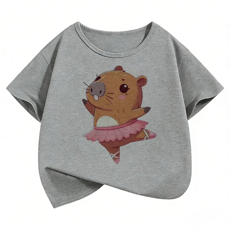 Kawaii Dacing Capybara Design T Shirts Manga Kids Children's T-shirt Short Sleeve Boys Girls Summer Spring Casual Top Tee Shirt