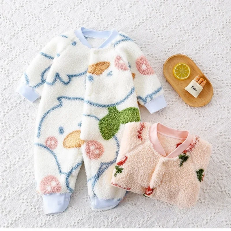 2026 Jungen Mädchen Winter Frühling Overall 0-24 M Neugeborenen Fleece Gefüttert Langarm Onesie Infant Cartoon Print Weiche warme Baby Strampler