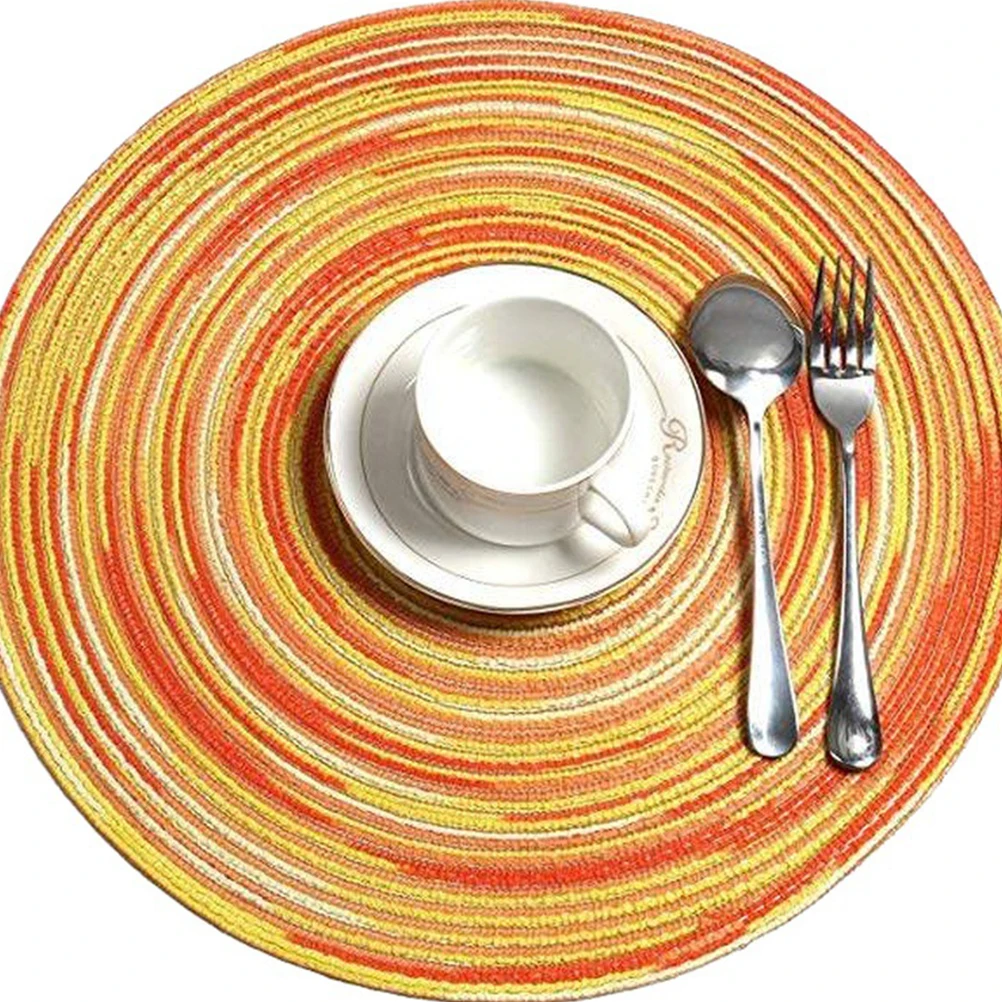 

2Pcs Heat Resistant Cotton Thread Round Placemat Coaster Set 30cm Yellow Pattern Hand-Woven Table Mat Cup Plate Pot Holder