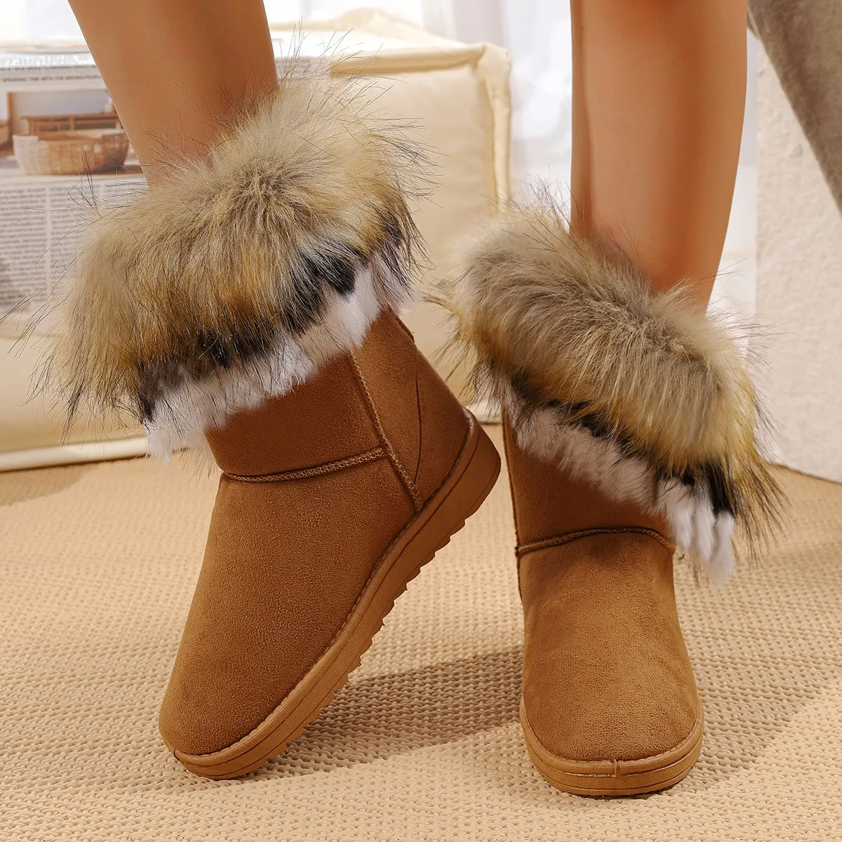 

Fuzzy Brown Faux Suede Snow Boots, Fashionable Short Winter Boots for Women, Plush Stitching for Warmth, Suitable for Daily Commuting