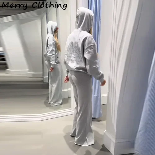 Imagen 2 del producto Sudaderas con capucha con alas de Ángel y lentejuelas para mujer, jerséis holgados elegantes de manga larga, conjunto de pantalón de Yoga ajustado, conjuntos informales de dos piezas para mujer 2025