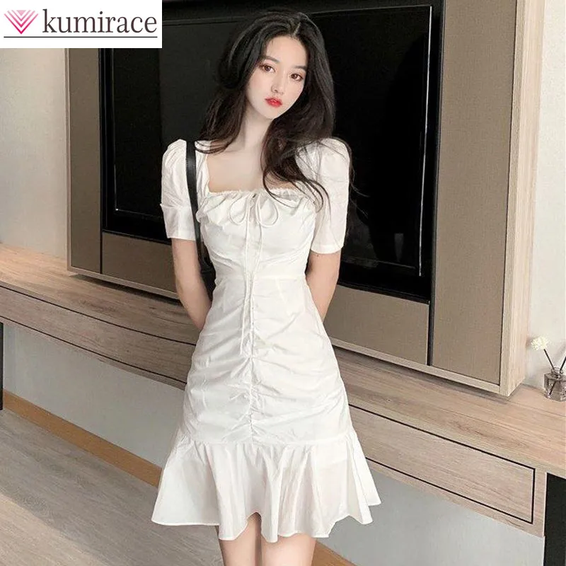 

2022 Summer New French Square Neck Pleated Ruffle White Dress Elegant Women's Mini Sundress Club Party Dresses