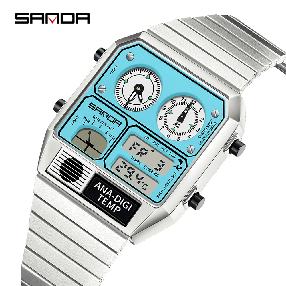 SANDA New 3192 Hot-selling LED Electronic Square Men's Youth Casual Multi-function Thermometer Stopwatch Chronograph Men’s Watch