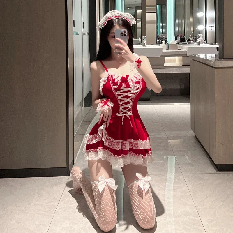 ผู้หญิงเซ็กซี่คอสเพลย์ชุดชั้นใน Suspender Christmas Party Club ชุดเซ็กซี่ชุดชั้นในชุดแม่บ้านชุด Nightgown