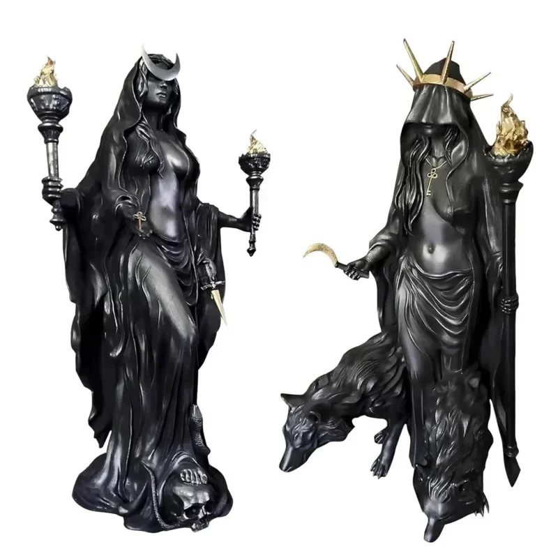 Escultura Hecate de Nikripolos | Mensajero de luz nocturna de bruja y submundo con perros, adornos artesanales de resina para sala de estar y escritorio