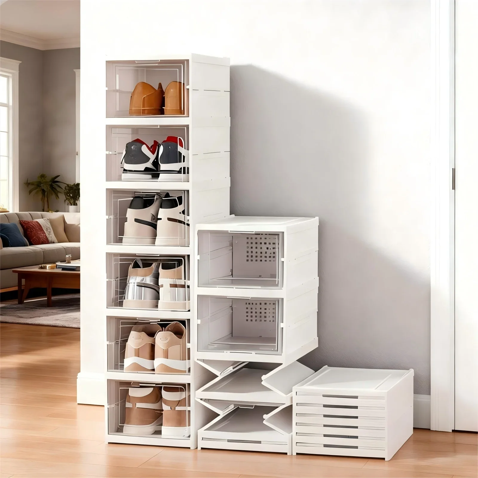 Caja de almacenamiento de zapatos, zapatillas transparentes plegables, organizadores de zapatos, gabinete apilable a prueba de polvo, estante alto para zapatos