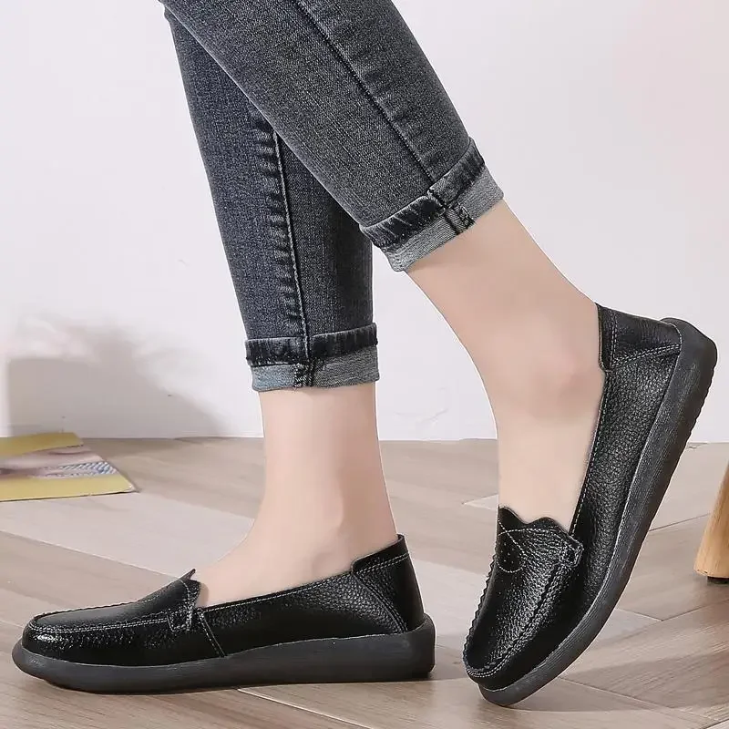 

Genuine Leather Moccasins Women's Beef Tendon Soft Bottom Pumps Flat Bottom Comfort Slip-on Women's Shoes Middle-Aged and