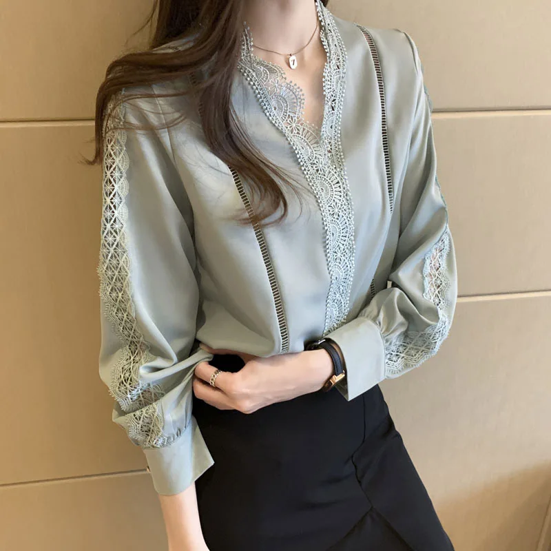 Women Clothing Lace Chiffon Shirt Spring Autumn New Loose Solid Long Sleeve V-neck Blouse Female Fashion Simple Top