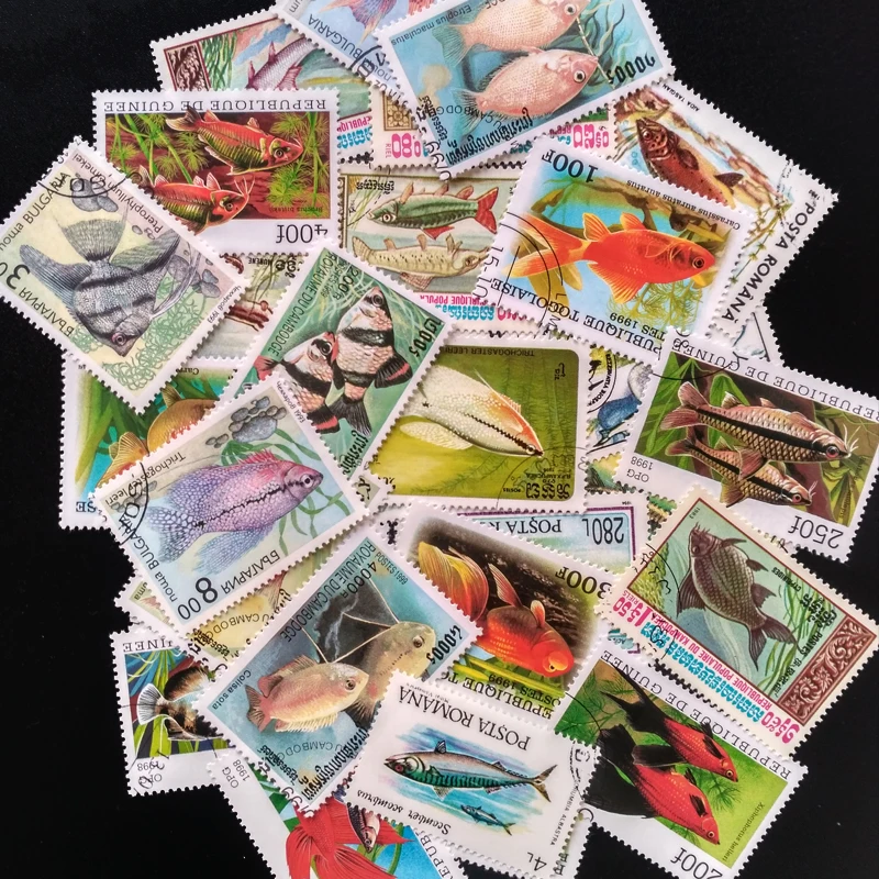 50 PCS Different Topic Fish And Sea Life Unused Postage Stamps With Post Mark For Collection