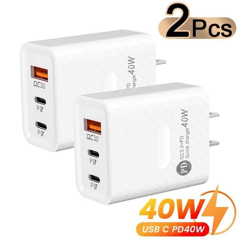 2PCS 40W Fast Charging USB Type C Charger US EU Plug 3 Ports PD QC3.0 Laptop Quick Charge Wall Adapter For iPhone Xiaomi Laptop