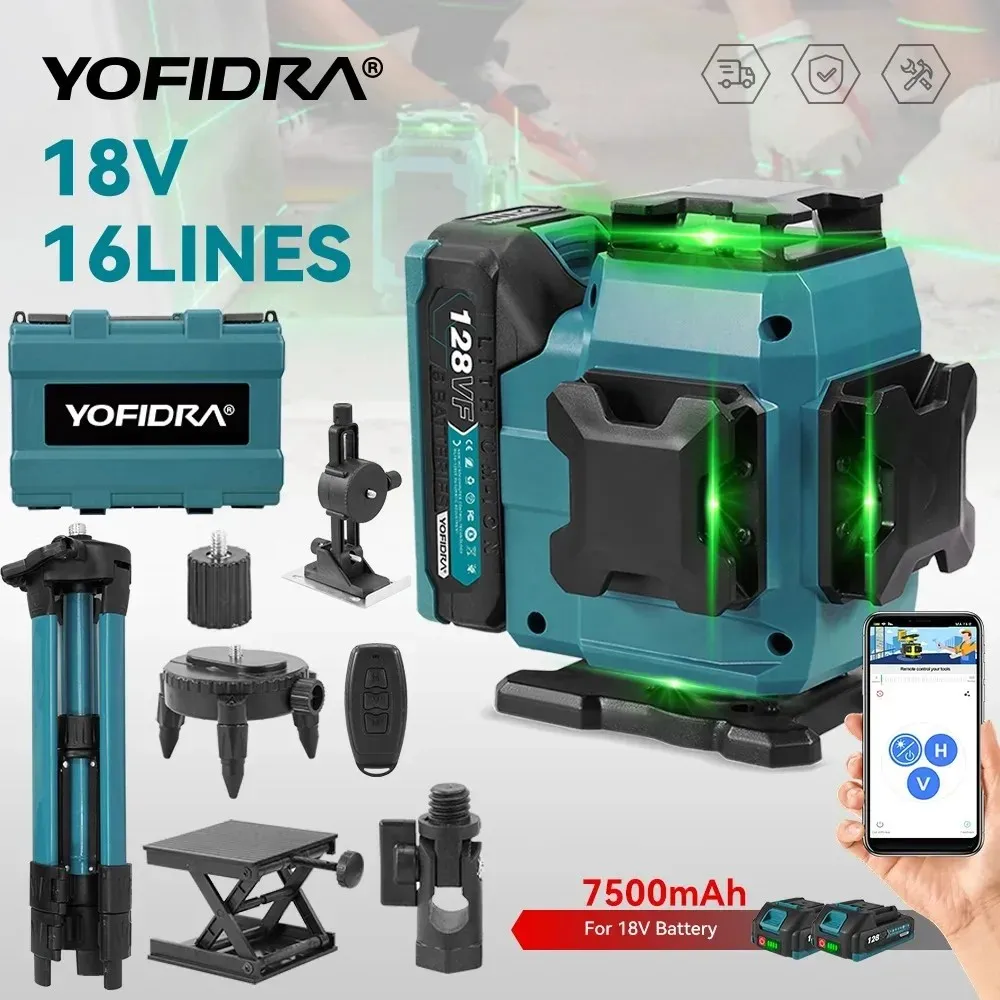 YOFIDRA 16 lignes 4D niveau Laser auto-nivelant faisceau vert Ultra puissant 360 Horizontal Vertical pour Makita 18V broche de batterie