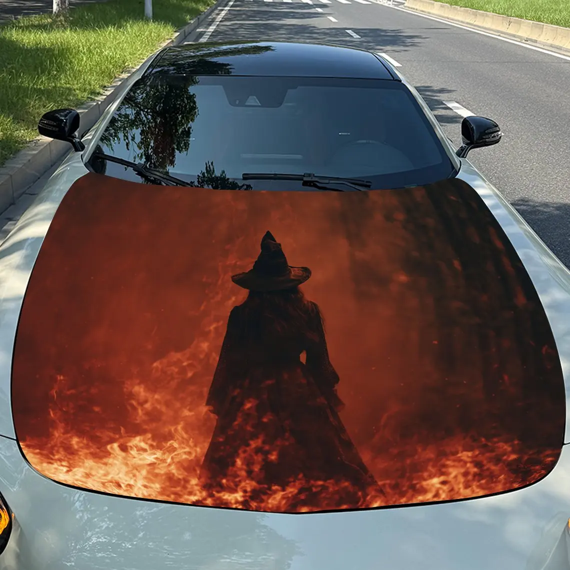 

Flaming Witch Car Vinyl Wrap, PVC Waterproof Car Hood Sticker, Self-Adhesive Scratch-Resistant Stickers for Engine Cover, Car De