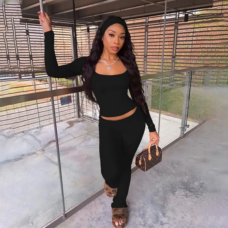 エレガントなベーシックカラーセット、トレンディなハイウエストロングパンツ、レディースワンピーススーツ、ポリエステル生地、秋シーズン、高品質