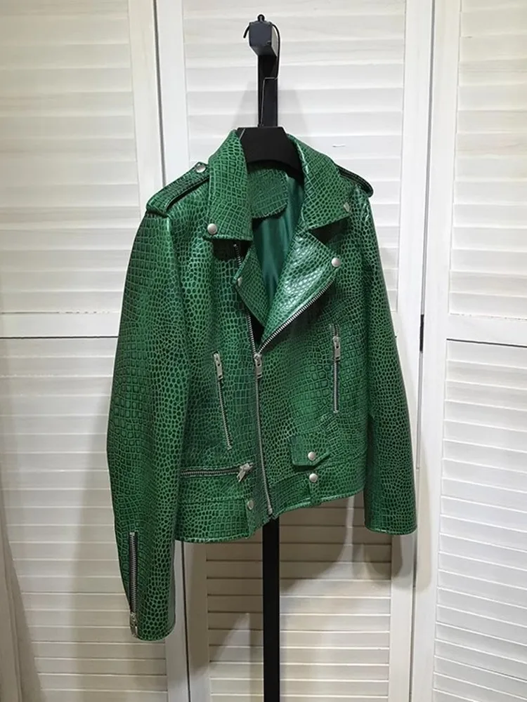 Fashion Women Green Crocodile Patterned Motorcycle Real Leather Jacket Zippers Punk Style Slim Fit Genuine Leather Jacket Coat