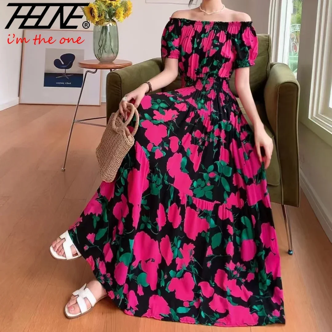 Summer Women Dress Loose Korean Style Bohemian Floral Cotton  Beach Off-Shoulder Print Casual Vintage Vestidos Robe Maxi Dresses