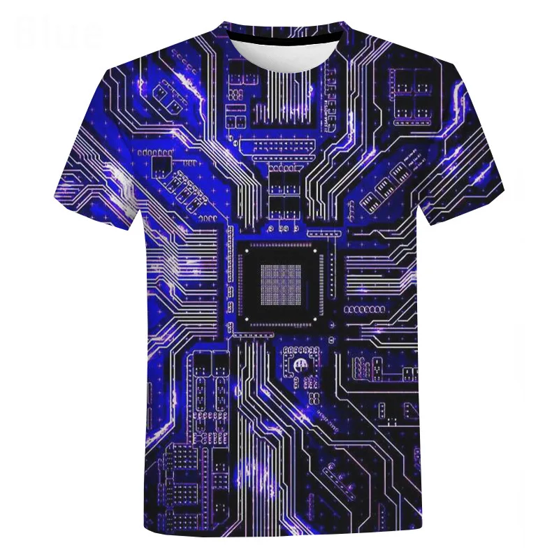 Men\'s 3D Printed Circuit Board Pattern T-shirt, Creative Casual Electronic Chip Short Sleeved T-shirt, Street Hip-hop Top Haraju