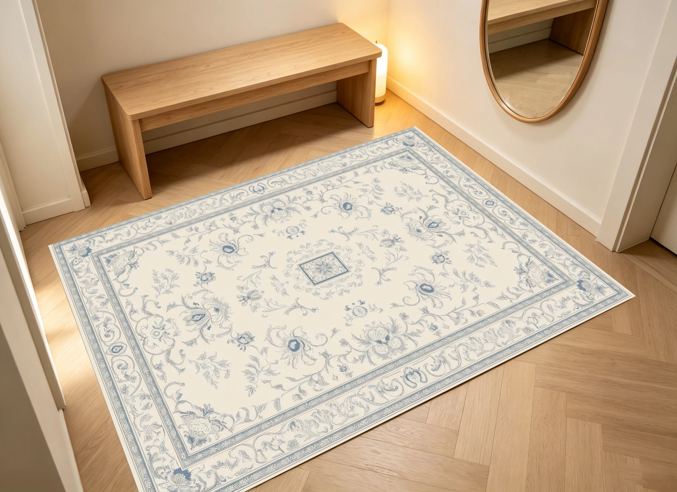 Cream‑Base Blue Vintage Floral Area Rug, Soft Muted Pattern with Double Border, Cozy Autumn Winter Mat for Living Room Bedroom Home Decor