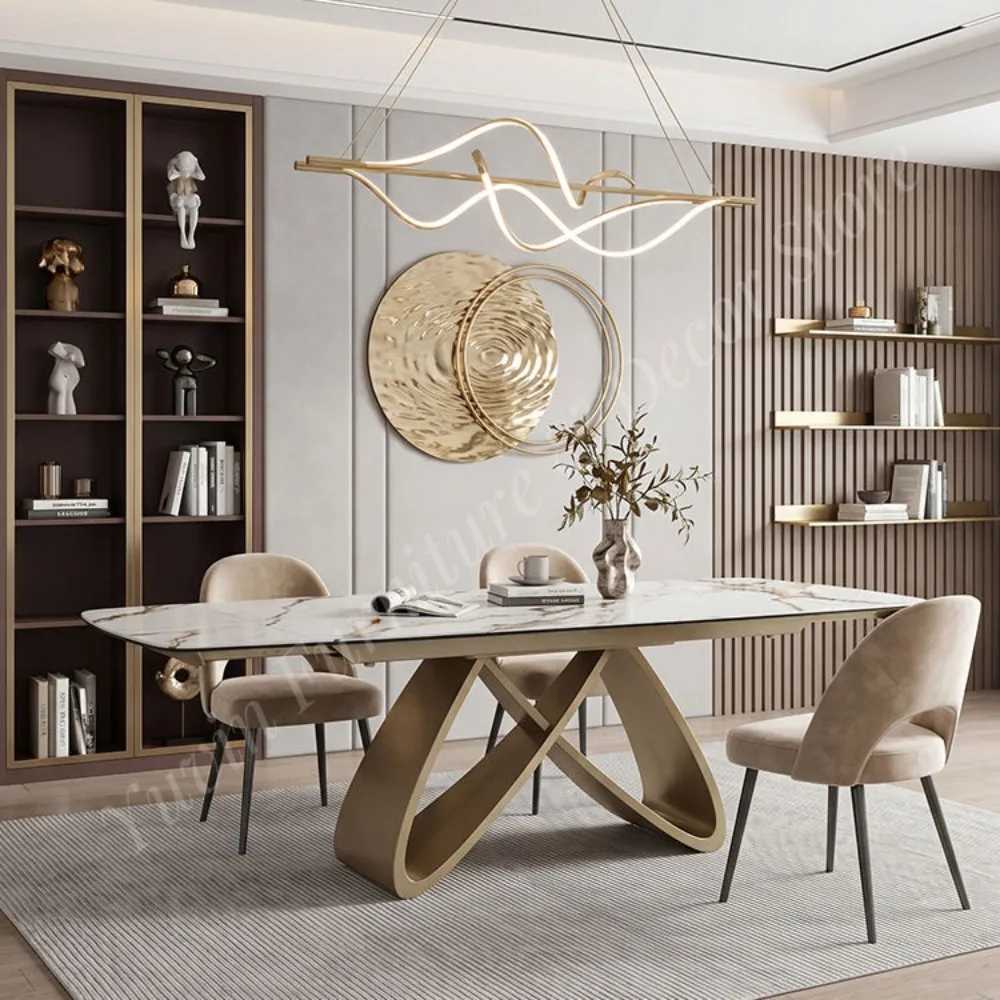Modern Italy Design Golden Coating Base Sintered Stone Top Rectangle Extendable Dining Table