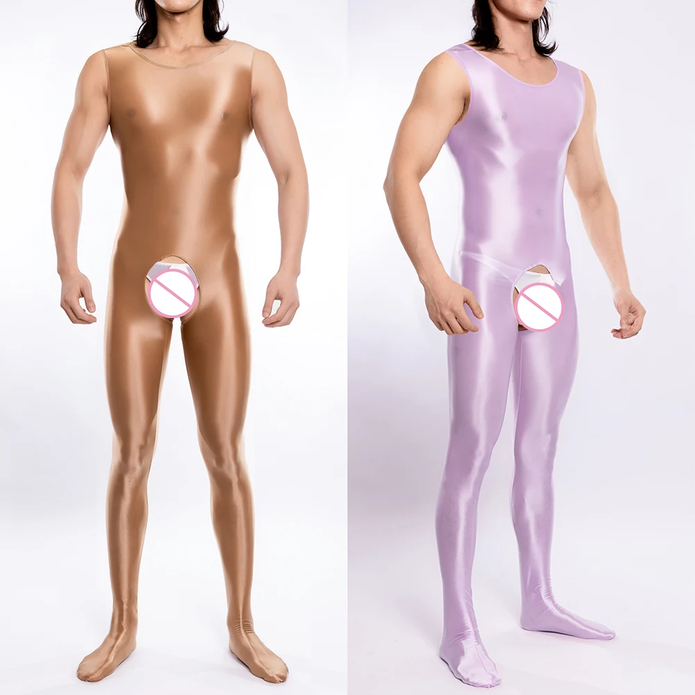 

Mens Thin Large Shiny Lustrous Gay Solid Color Silky Tight Sexy Lingerie Bodysuit Open Crotch Breathable Sexy Intimate Bodysuit