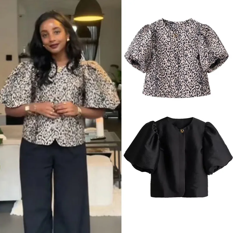 

Chic Puff Sleeve Short Shirts Leopard Print O-neck Single Breasted Loose Top Women's 2025 Autumn Blouse Casual Street Top Shirt