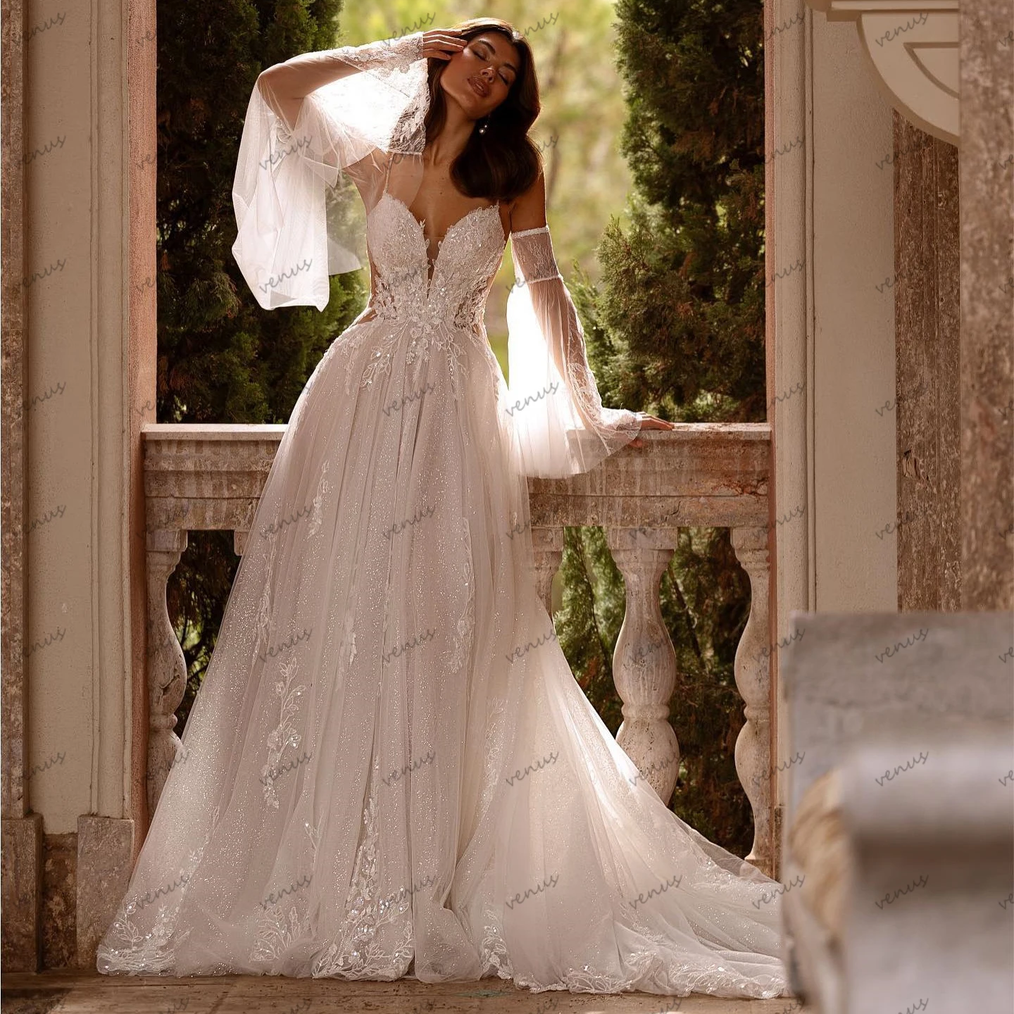 

Pretty Wedding Dresses A Line Tulle Tiered Bridal Gowns Lace Appliques Backless Detachable Sleeves Vestidos De Novia Customized