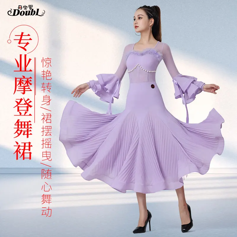 Doubl Moden Dance Dress new Women Fashion Ostrich Fur Ballroom Dance Big Swing Dance Dress Senior Competition Dress