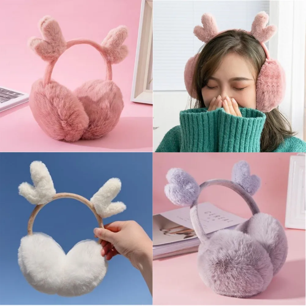 Christmas Deer Horn Ear Muffs for Women\'s Winter Plush Warm Outdoor Windproof Ear Protector Cute Antlers Ear Warmer New Earmuffs